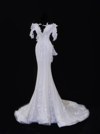 Elegant Women's Mermaid Sweetheart With Pleated Appliques White Long Wedding Gowns Dresses SA088