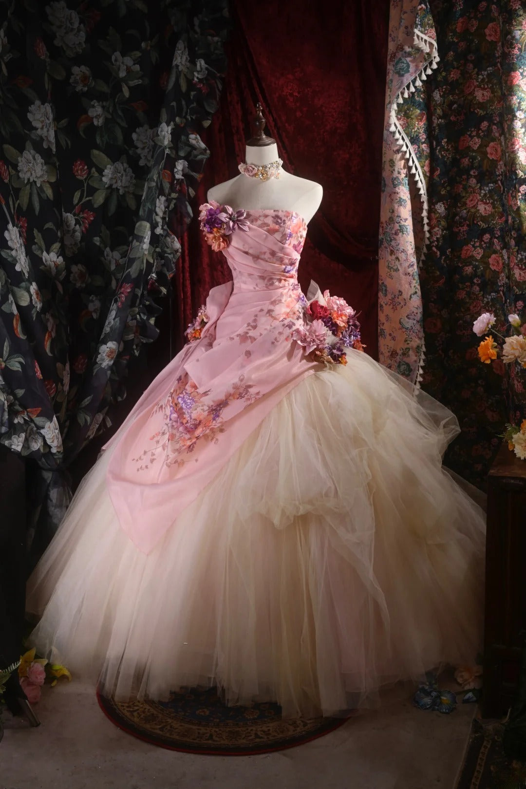 Pretty Ball Gown Strapless Pink With 3D Flowers Long Quince Dress Quinceanera Dresses Formal Birthday Outfits RB8105