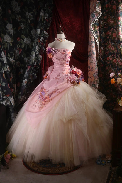 Pretty Ball Gown Strapless Pink With 3D Flowers Long Quince Dress Quinceanera Dresses Formal Birthday Outfits RB8105