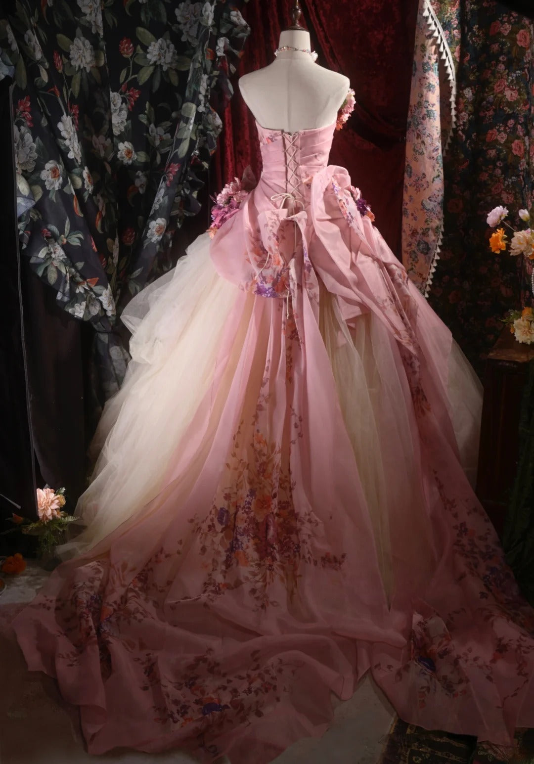 Pretty Ball Gown Strapless Pink With 3D Flowers Long Quince Dress Quinceanera Dresses Formal Birthday Outfits RB8105