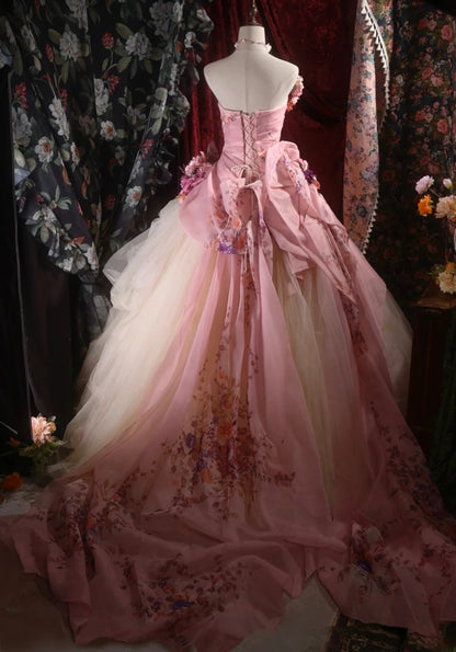 Pretty Ball Gown Strapless Pink With 3D Flowers Long Quince Dress Quinceanera Dresses Formal Birthday Outfits RB8105