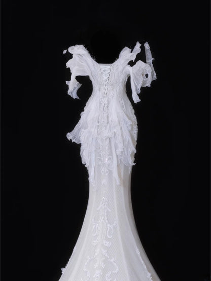 Elegant Women's Mermaid Sweetheart With Pleated Appliques White Long Wedding Gowns Dresses SA088