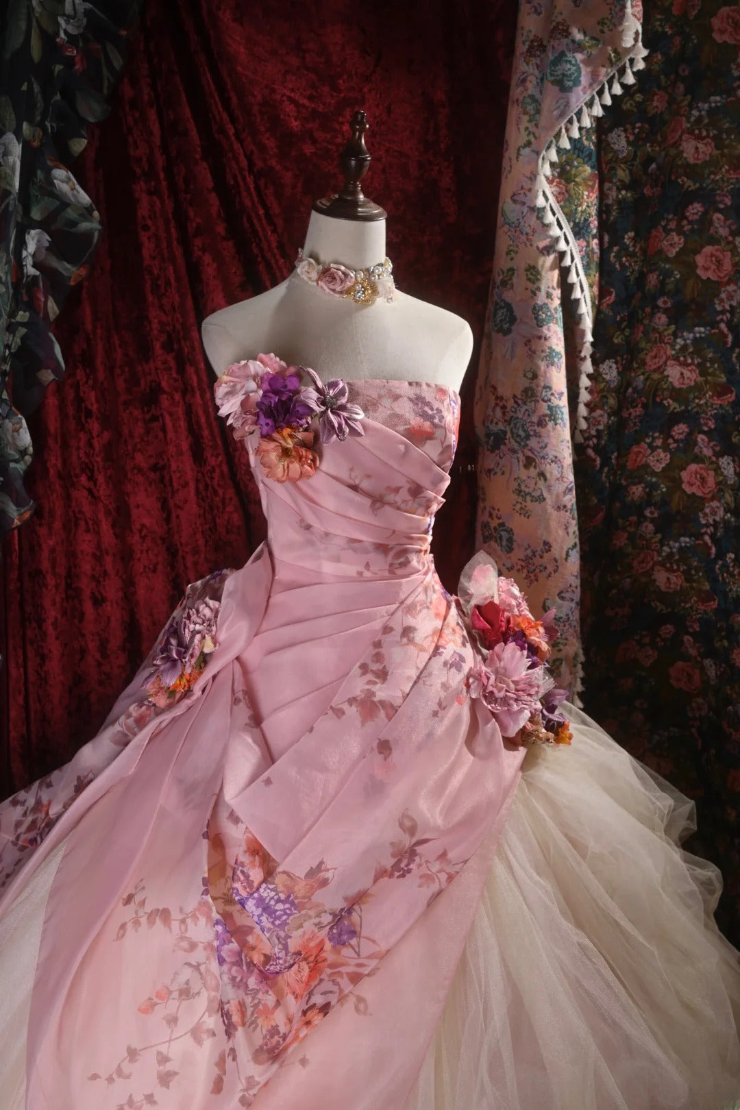 Pretty Ball Gown Strapless Pink With 3D Flowers Long Quince Dress Quinceanera Dresses Formal Birthday Outfits RB8105