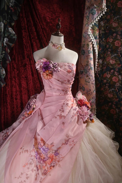 Pretty Ball Gown Strapless Pink With 3D Flowers Long Quince Dress Quinceanera Dresses Formal Birthday Outfits RB8105