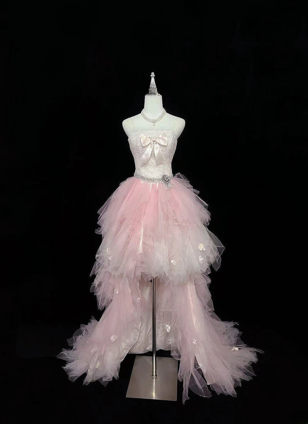 Vintage High Low Spaghetti Straps Pink Tulle With Silver Beading Prom Dress Formal Outfits Party Dresses RB7460