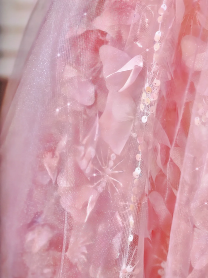 Elegant Ball Gown Off The Shoulder Pink Tulle Long Formal Fancy Prom Evening Dress Dinner Outfits Party Gowns AQ089