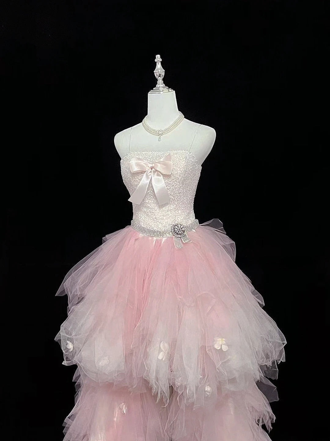 Vintage High Low Spaghetti Straps Pink Tulle With Silver Beading Prom Dress Formal Outfits Party Dresses RB7460