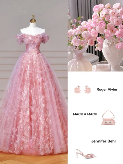 Elegant Ball Gown Off The Shoulder Pink Tulle Long Formal Fancy Prom Evening Dress Dinner Outfits Party Gowns AQ089