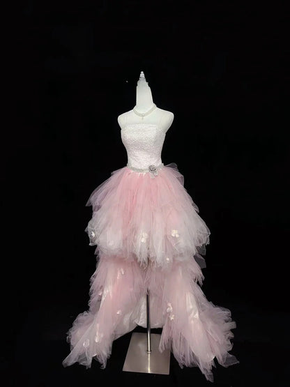 Vintage High Low Spaghetti Straps Pink Tulle With Silver Beading Prom Dress Formal Outfits Party Dresses RB7460
