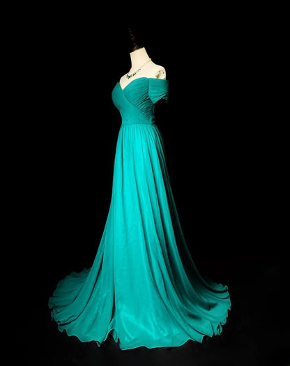 Vintage Prom Dresses A line Off The Shoulder Green Chiffon With Sleeves Long Evening Dress Formal Outfits RB5897