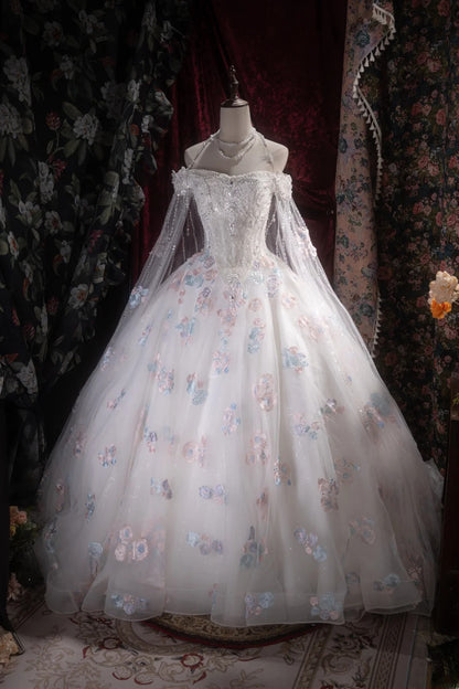 Pretty Ball Gown Off The Shoulder White Tulle With Cape Appliqued Long Quince Dress Quinceanera Dresses Formal Birthday Outfits RB8107