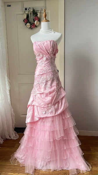 Prom Dress Long Mermaid Strapless Pink With Lace Tiered Layers Formal Party Gown For Women RC0458
