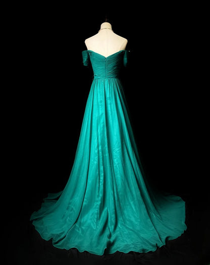Vintage Prom Dresses A line Off The Shoulder Green Chiffon With Sleeves Long Evening Dress Formal Outfits RB5897