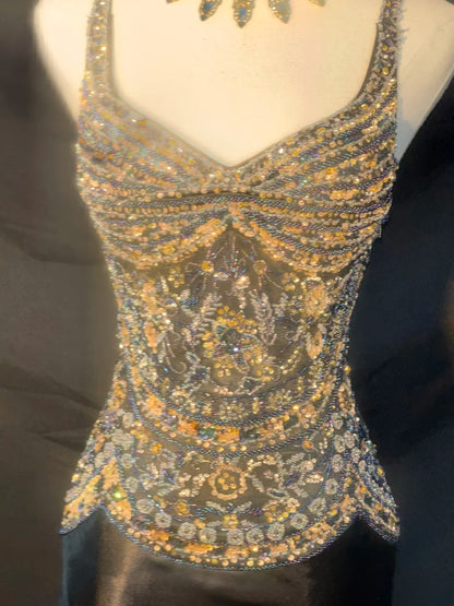 Vintage Prom Dresses Mermaid Spaghetti Strap Black Tie Dress Sleeveless With Beading Long Evening Formal Outfits RB3483