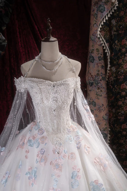 Pretty Ball Gown Off The Shoulder White Tulle With Cape Appliqued Long Quince Dress Quinceanera Dresses Formal Birthday Outfits RB8107