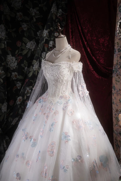 Pretty Ball Gown Off The Shoulder White Tulle With Cape Appliqued Long Quince Dress Quinceanera Dresses Formal Birthday Outfits RB8107
