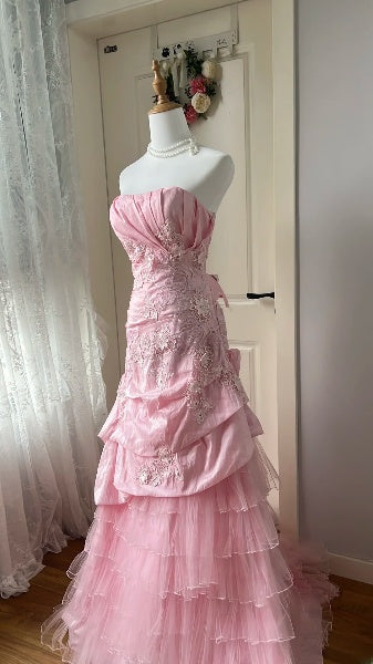 Prom Dress Long Mermaid Strapless Pink With Lace Tiered Layers Formal Party Gown For Women RC0458