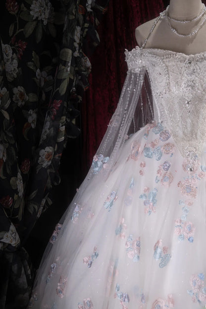 Pretty Ball Gown Off The Shoulder White Tulle With Cape Appliqued Long Quince Dress Quinceanera Dresses Formal Birthday Outfits RB8107