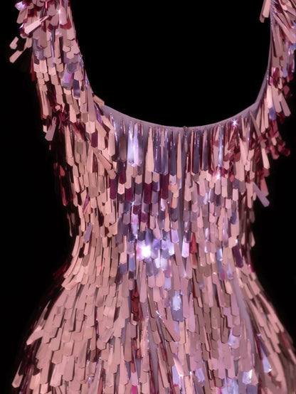 Aesthetic Sheath Square Neck Short Prom Dress Pink Sequins 16th Birthday Dress Homecoming Dresses Cocktail Gown SA090
