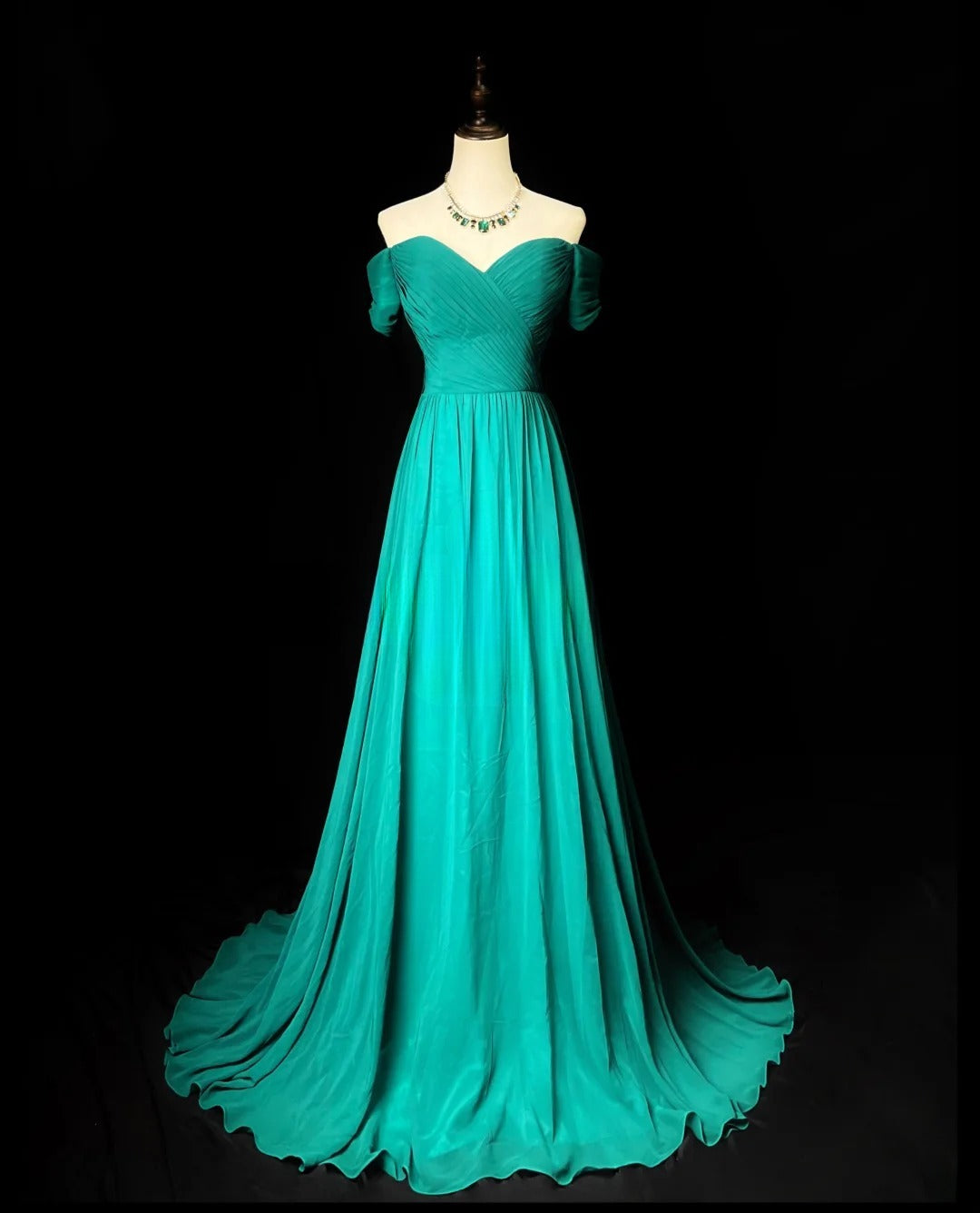 Vintage Prom Dresses A line Off The Shoulder Green Chiffon With Sleeves Long Evening Dress Formal Outfits RB5897