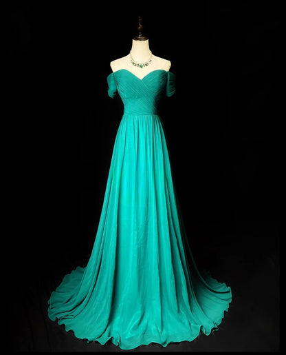Vintage Prom Dresses A line Off The Shoulder Green Chiffon With Sleeves Long Evening Dress Formal Outfits RB5897