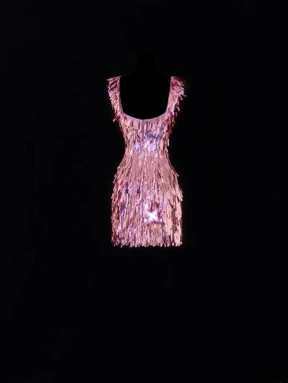 Aesthetic Sheath Square Neck Short Prom Dress Pink Sequins 16th Birthday Dress Homecoming Dresses Cocktail Gown SA090
