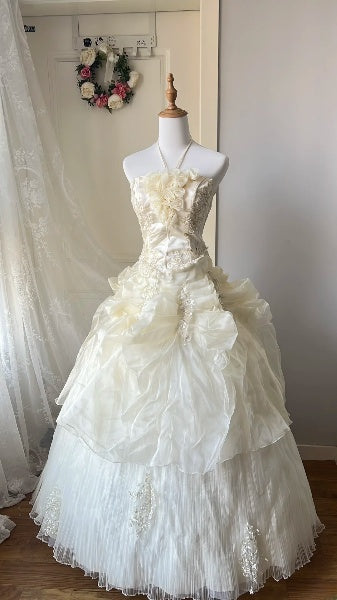 Dream Sweet 16 Dresses Long Halter Light Yellow With Lace Appliques Ball Gown Sweet Sixteen Party Birthday Outfit RC0459