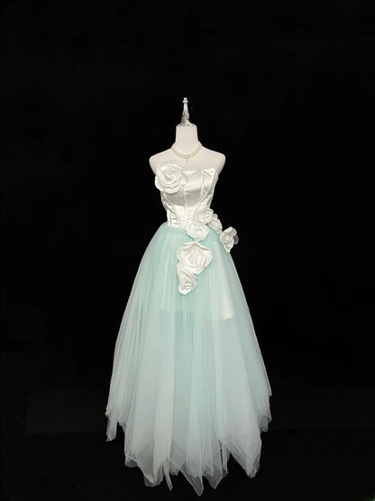 Vintage A Line Strapless Mint Green Tulle With White Flowers Prom Dress Formal Outfits Party Dresses RB7462