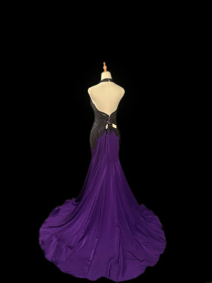 Vintage Prom Dresses Mermaid Halter Grape Black Lace Sleeveless With Beading Long Evening Formal Outfits RB3484