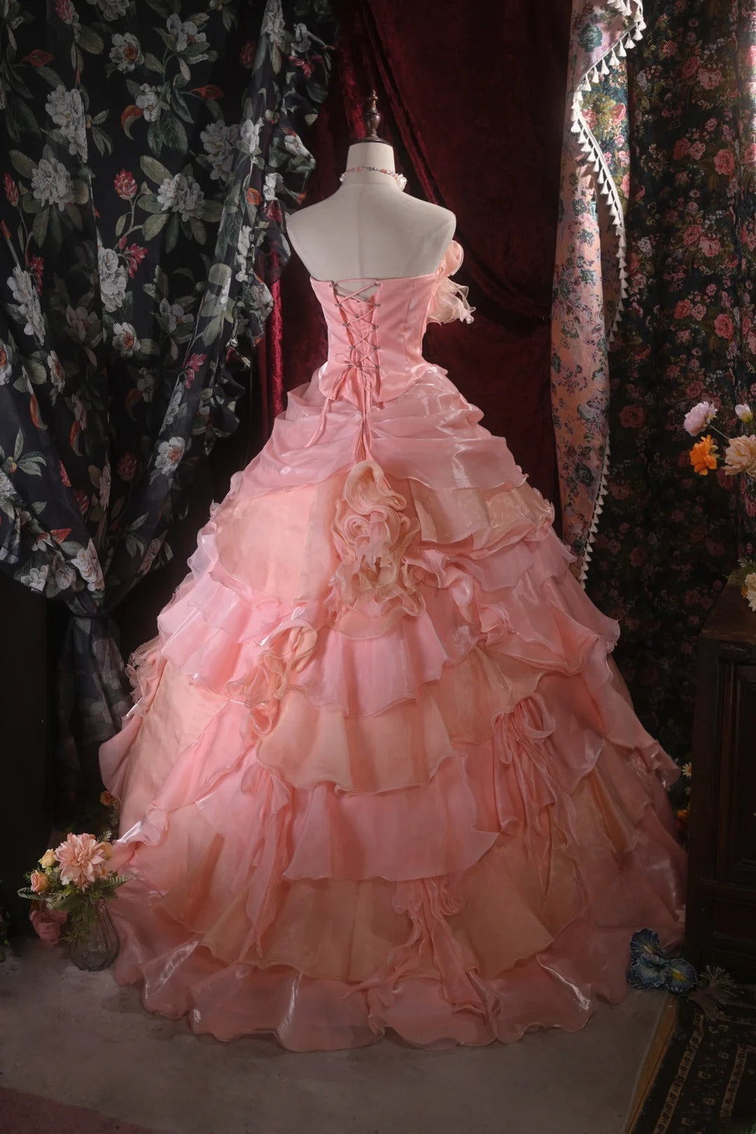 Pretty Ball Gown Strapless Pink Organza With Tiered Layers Long Quince Dress Quinceanera Dresses Formal Birthday Outfits RB8108