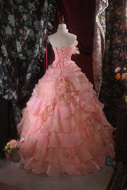 Pretty Ball Gown Strapless Pink Organza With Tiered Layers Long Quince Dress Quinceanera Dresses Formal Birthday Outfits RB8108
