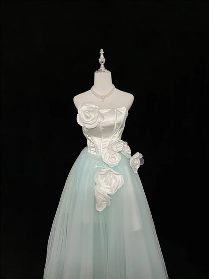 Vintage A Line Strapless Mint Green Tulle With White Flowers Prom Dress Formal Outfits Party Dresses RB7462