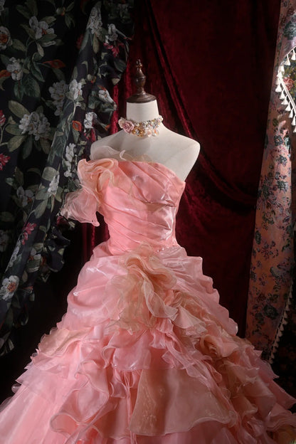 Pretty Ball Gown Strapless Pink Organza With Tiered Layers Long Quince Dress Quinceanera Dresses Formal Birthday Outfits RB8108