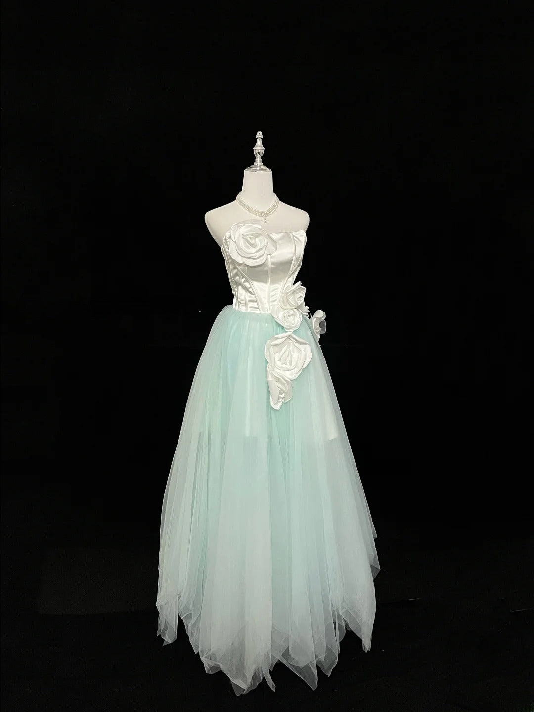 Vintage A Line Strapless Mint Green Tulle With White Flowers Prom Dress Formal Outfits Party Dresses RB7462