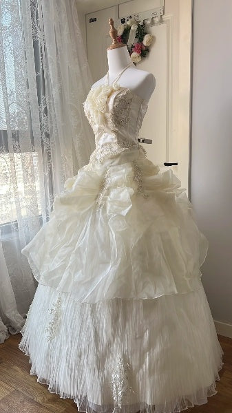 Dream Sweet 16 Dresses Long Halter Light Yellow With Lace Appliques Ball Gown Sweet Sixteen Party Birthday Outfit RC0459