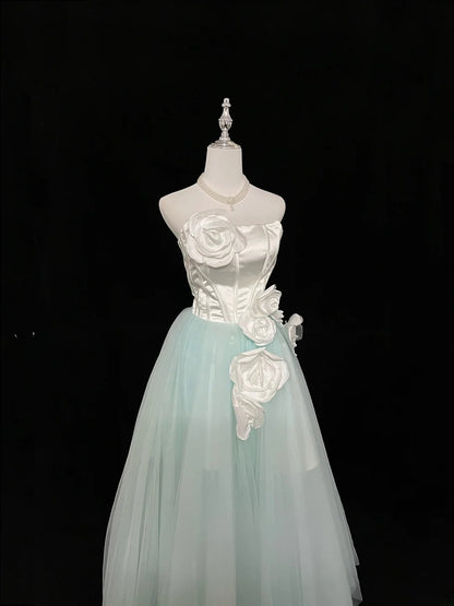 Vintage A Line Strapless Mint Green Tulle With White Flowers Prom Dress Formal Outfits Party Dresses RB7462