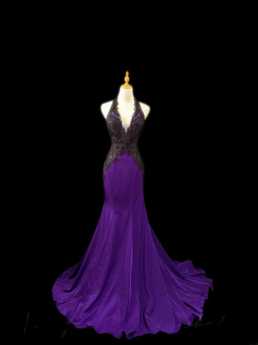Vintage Prom Dresses Mermaid Halter Grape Black Lace Sleeveless With Beading Long Evening Formal Outfits RB3484