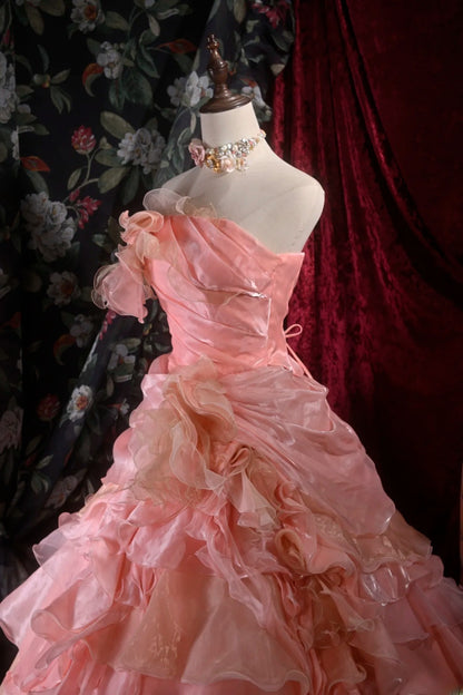 Pretty Ball Gown Strapless Pink Organza With Tiered Layers Long Quince Dress Quinceanera Dresses Formal Birthday Outfits RB8108