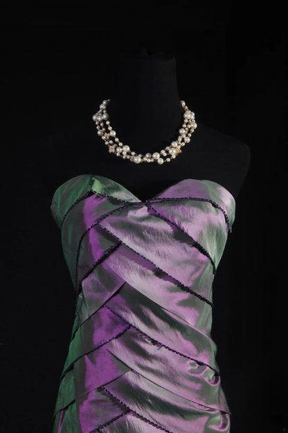 Vintage 80s Formal Mermaid Sweetheart Purple With Pleated Sleeveless Long Prom Dresses Party Formal Gowns AS091