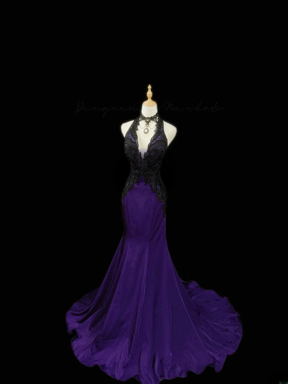 Vintage Prom Dresses Mermaid Halter Grape Black Lace Sleeveless With Beading Long Evening Formal Outfits RB3484
