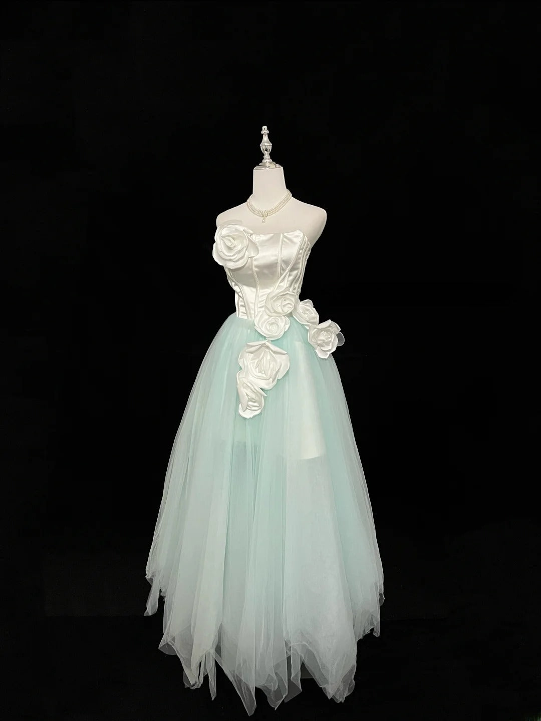 Vintage A Line Strapless Mint Green Tulle With White Flowers Prom Dress Formal Outfits Party Dresses RB7462