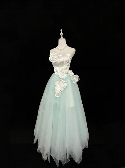 Vintage A Line Strapless Mint Green Tulle With White Flowers Prom Dress Formal Outfits Party Dresses RB7462