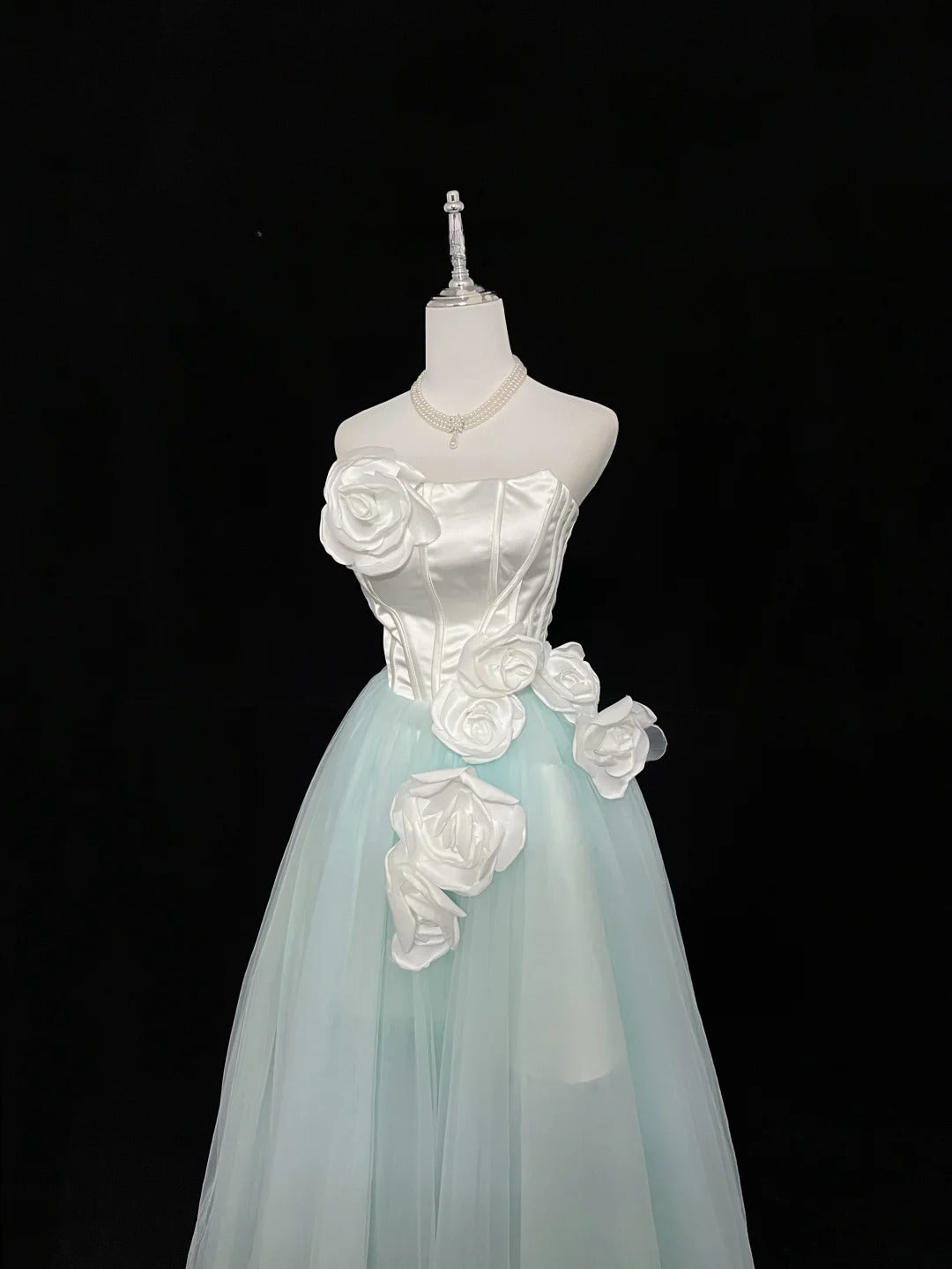 Vintage A Line Strapless Mint Green Tulle With White Flowers Prom Dress Formal Outfits Party Dresses RB7462