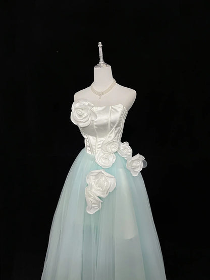 Vintage A Line Strapless Mint Green Tulle With White Flowers Prom Dress Formal Outfits Party Dresses RB7462
