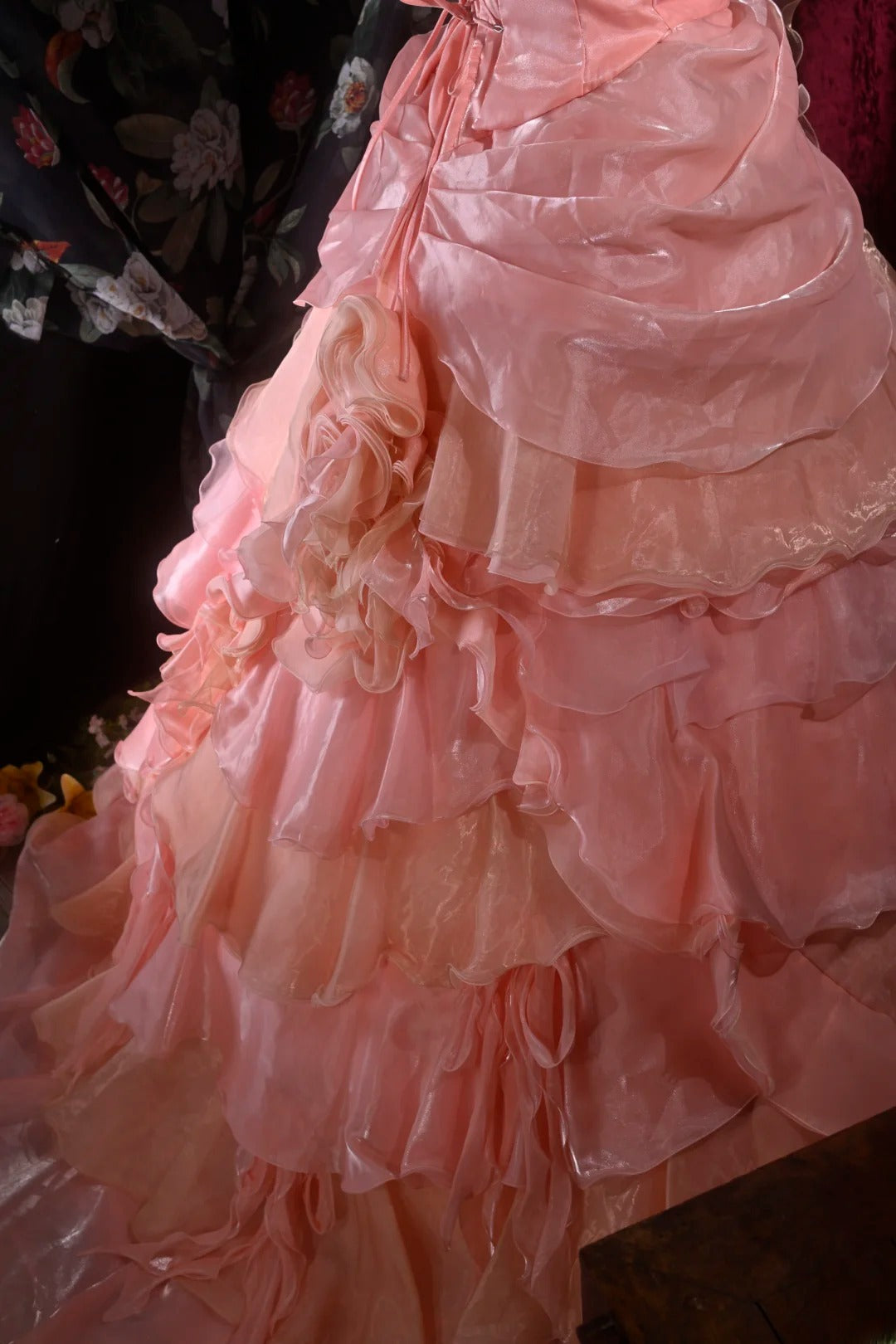 Pretty Ball Gown Strapless Pink Organza With Tiered Layers Long Quince Dress Quinceanera Dresses Formal Birthday Outfits RB8108