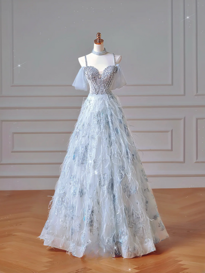 Elegant Ball Gown Off The Shoulder Light Sky Blue Tulle Long Formal Prom Evening Dress Dinner Outfits Party Gowns AQ092