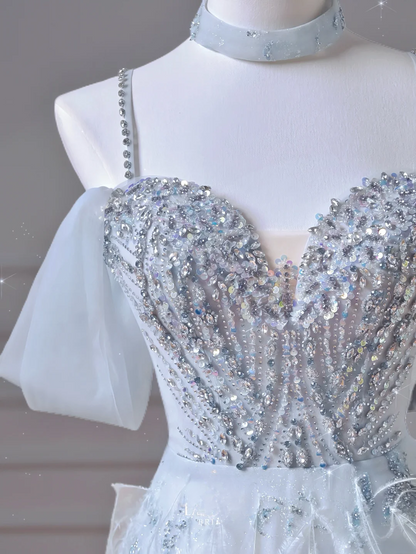Elegant Ball Gown Off The Shoulder Light Sky Blue Tulle Long Formal Prom Evening Dress Dinner Outfits Party Gowns AQ092