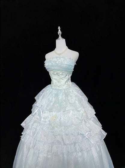 Cute Ball Gown Strapless Blue Organza With Appliqued Quince Dress Voluminous Sweet 16 Sweet Sixteen Outfits Vestido de 15 RB7463