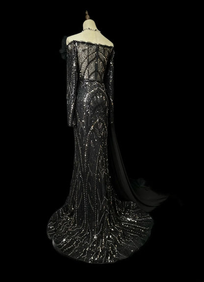 Vintage Prom Dresses Mermaid Off The Shoulder Sequin With Long Sleeves Prom Evening Dress Formal Outfits RB5899