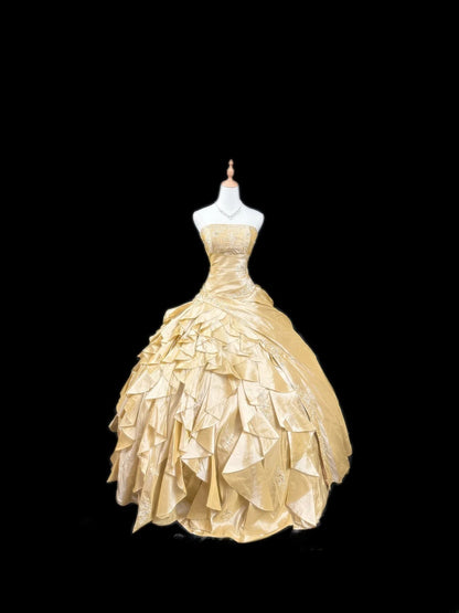 Princess Ball Gown Strapless Yellow Satin Sleeveless With Lace Long Quinceanera Dress vestido de 15 de cenicienta RB3485